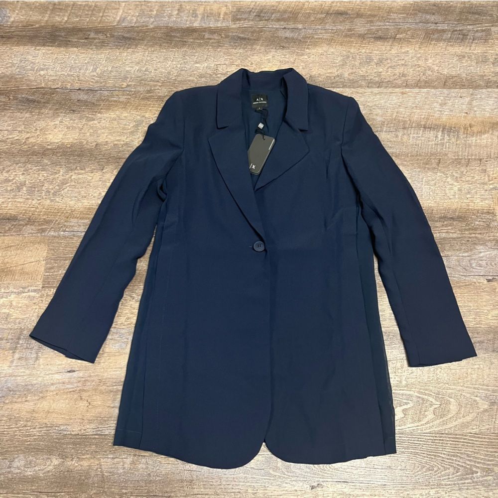 Armani Exchange Blazer Women's 0 Navy Blue Polyester One Button Mesh Sides NWT